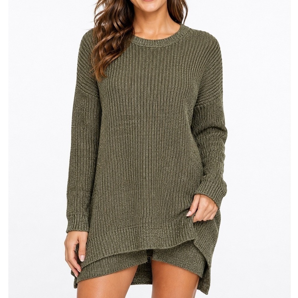 Women's Olive Green Knit Sweater Dress M Cotton Blend Long Sleeve High Low Hem